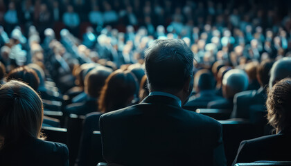 A man in a suit is sitting in a crowded theater