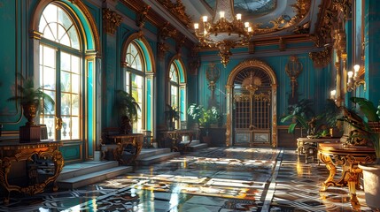A large, empty room with a mirror on the wall. The room is decorated in a very old style, with a lot of gold accents