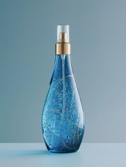 luxury perfume blue bottle spray, futuristic glamour, dynamic movement and energy, glimmering transformation