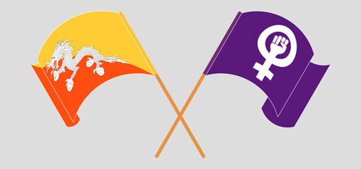 Crossed and waving flags of Bhutan and Feminism