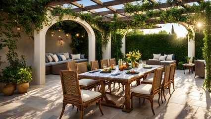 Fototapeta premium A Mediterranean-inspired outdoor dining area with a pergola draped in vines