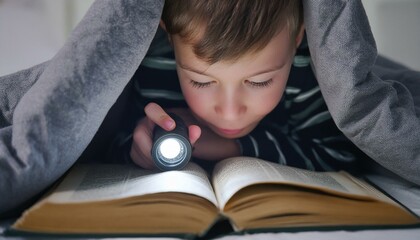 The Child reading Bible in bed under the blanket.
