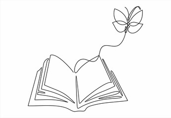 Flying book one line drawing with butterfly. Continuous hand drawn contour vector. Illustration of Creative and freedom.
