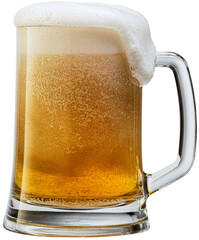 Light, cold, tasty, delicious drink. Beer party. Mug of cold lager foamy beer against transparent...