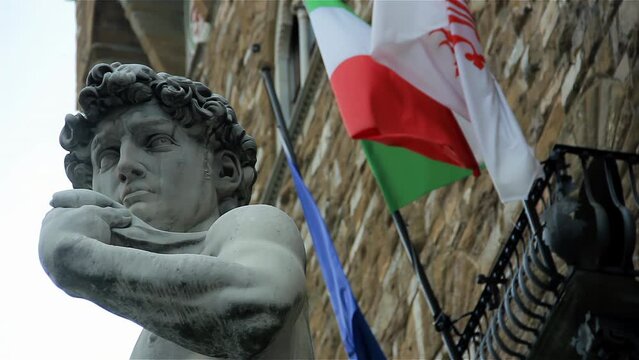 Copy of Michelangelos Statue of David, Piazza della Signoria, Florence, Tuscany, Italy, Europe. Close up. 4K Resolution.