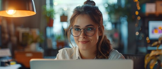 The beautiful female project manager pauses and thinks before answering an email to another colleague. Hispanic Marketing Specialist in Glasses Using a Laptop Computer in a Busy Creative Office. - Powered by Adobe