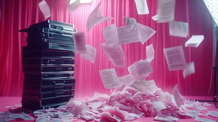 Studio setup, magenta colored background, a couple of documents and files falling down. Generative AI.