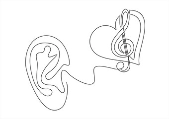 musically minimalist line art logo. ear with music note symbol logo vector illustration design.Continuous line drawing 