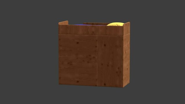 A wooden bunk bed with a blue and yellow pillow on top. The bed is made and the room is dark