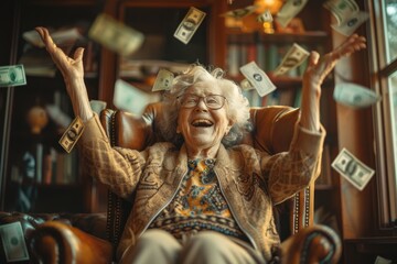 Elderly gray-haired woman grandmother raise hands up, success, dollars money