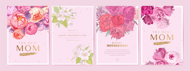 Mother's day poster, banner or greeting card design set with hand drawn bouquet of flowers and golden elements on pink background. Vector illustration