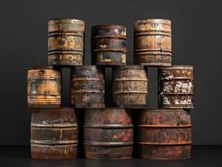 barrels of oil in front of a black background