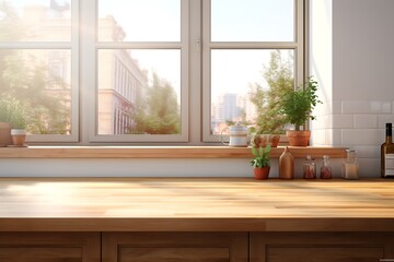 Kitchen interior with wooden table and shelf. 3D Rendering