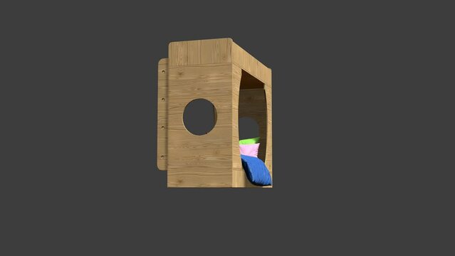 A wooden bunk bed with a blue blanket on top. The bed is made and has a green pillow