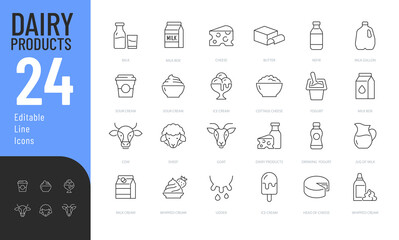 Dairy Product Editable Icons set. Vector illustration in modern thin line style of food related icons: milk, butter, cheese, and more. Pictograms and infographics for mobile apps. 
