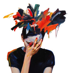 PNG Woman with flower out of head painting portrait art.