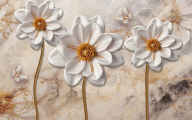  3D flowers Wallpaper with butterflies on a textured background, suitable for wall , panels, curtains , Wall art ..