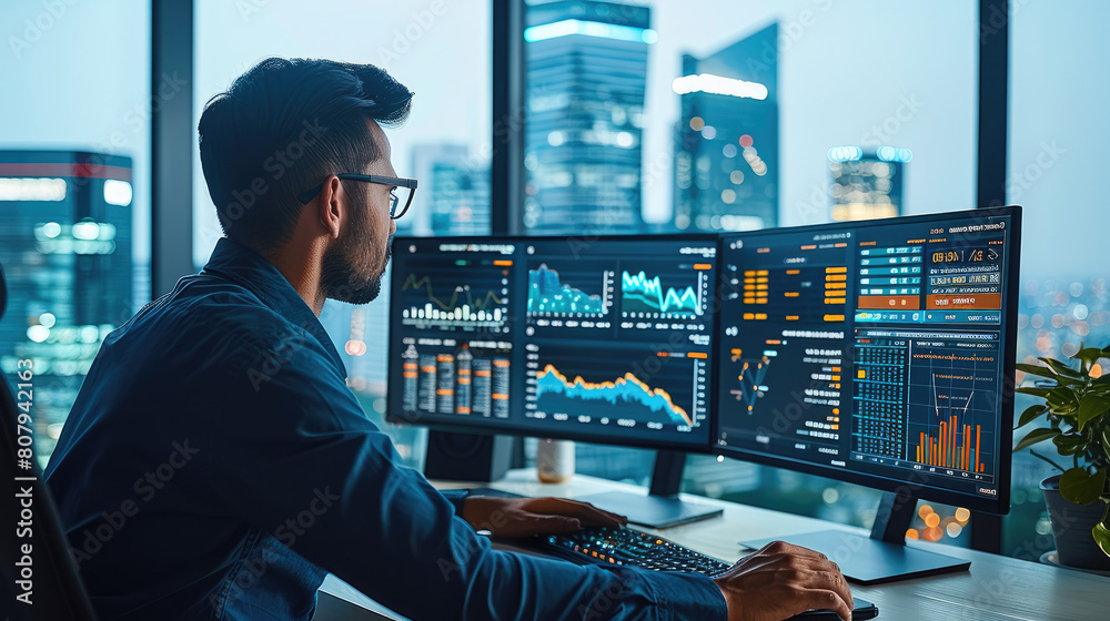 Fototapete Data analyst at a minimalist desk with multiple monitors displaying vibrant data visualizations. The office has large windows showing a cityscape. Generative AI.