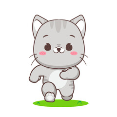 Cute cat running cartoon character. Adorable kawaii animals concept design. Hand drawn style vector illustration. Isolated white background.