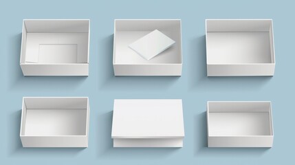 Open cardboard box mockup modern illustration set. Rectangular paper pack mockup for corporate presentation. Blank carton illustration set for delivery or gift idea.