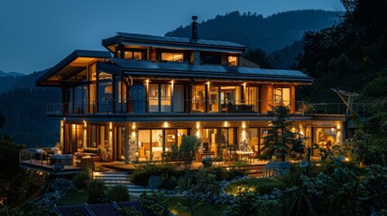 Night shot of a house lit by solar powered lights