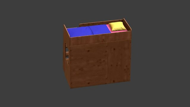 A wooden bunk bed with blue and yellow pillows. The bed is on a dark background