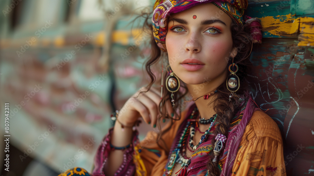 Sticker portrait of a young woman in gypsy style outfil with colorful head scarf