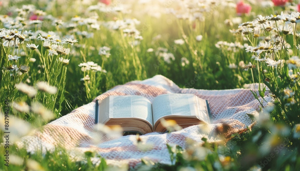 Wall mural The Open Bible on a picnic blanket in a sunny meadow with wildflowers.