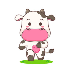 Cute Cow running cartoon character. Adorable kawaii animals concept design. Hand drawn style vector illustration. Isolated white background.