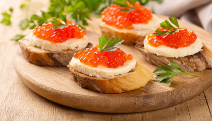 Bruschetta with cream cheese and red caviar on wooden board. Delicious snack. Tasty delicacy.
