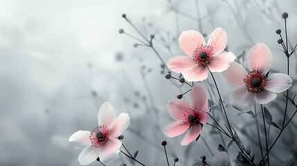 Minimalist Sympathy Condolences card. flowers on a muted grey background. Funeral concept