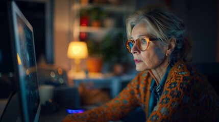 Obraz premium senior woman with grey hair glsses smart casual outfit working on computer