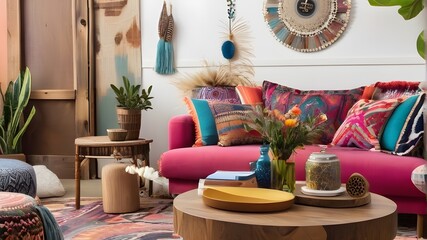 Embrace the boho lifestyle with this eclectic living room design. The mix of colors, textures, and patterns creates a visually stunning space, with the alarm clock on the round wooden table serving .