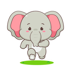 Cute elephant running cartoon character. Adorable kawaii animals concept design. Hand drawn style vector illustration. Isolated white background.