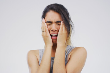 Depression, anxiety and sad woman in studio with stress, mistake or mental health crisis on white background. Fear, broken heart or gen z model frustrated by conflict trauma, disaster for self doubt