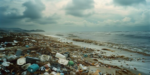Plastic and glass polluted ocean or sea water and sand beach, dirty, ecological problem, recycle garbage