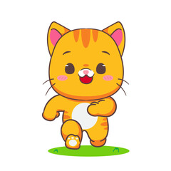 Cute cat running cartoon character. Adorable kawaii animals concept design. Hand drawn style vector illustration. Isolated white background.