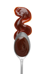 Tasty barbecue sauce and spoon isolated on white, top view