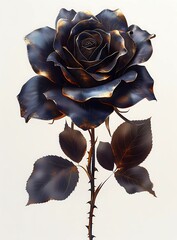 Single black rose with decorative gold painted elements delicate and elegant illustration