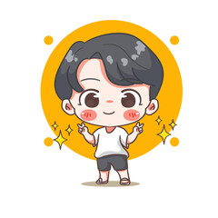 Cute boy posing peace hand wearing tee shirt cartoon character. Korean style fashion. People expression concept design. Chibi vector illustration. Isolated white background