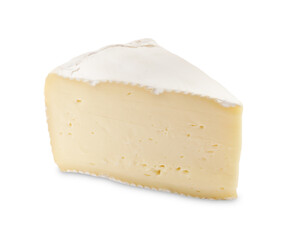 One piece of tasty camembert cheese isolated on white