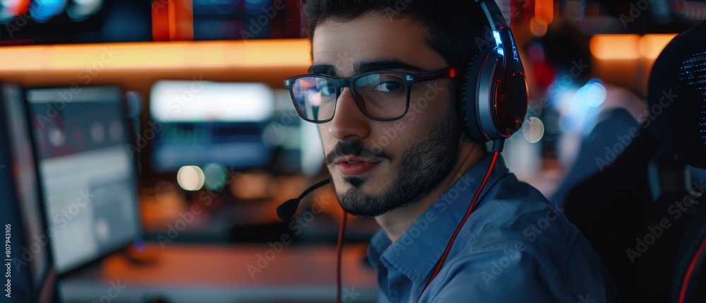 Poster professional it technical support specialist using computer in monitoring control room with digital 