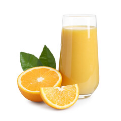 Refreshing orange juice in glass, leaves and fruits isolated on white