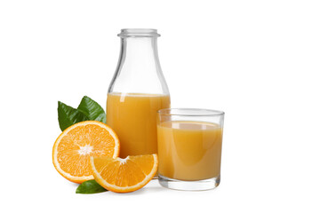 Refreshing orange juice, leaves and fruits isolated on white