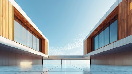 Fototapeta premium Simple modern architecture, minimalist building with wood slats and white walls, blue sky background. Generative AI.