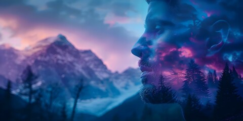 Double exposure of mans face superimposed on mountains and forests symbolizing unity. Concept Double Exposure Photography, Nature Landscape, Human Portraits, Symbolism, Unity Concept