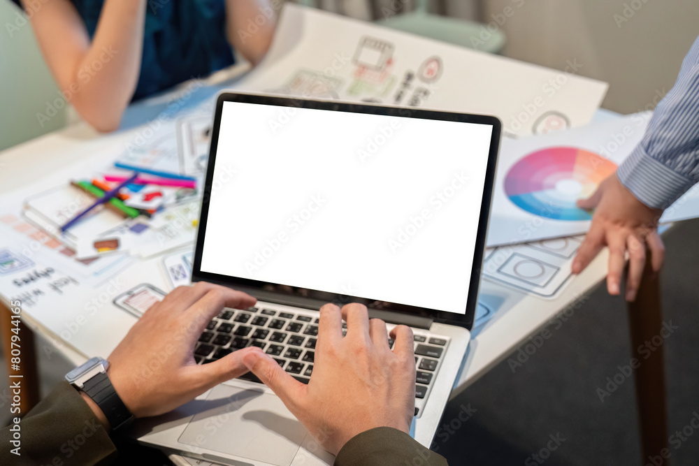Wall mural website designer, creative planning phone app development template layout framework wireframe design