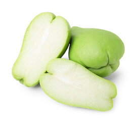 Cut and whole chayote isolated on white