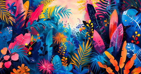 Abstract art painting of vibrant jungle rainforest with a lot of different plants