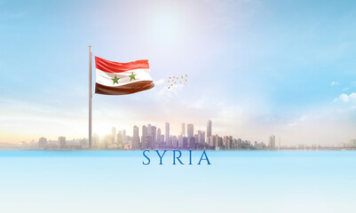 Syria national flag waving in beautiful building skyline.